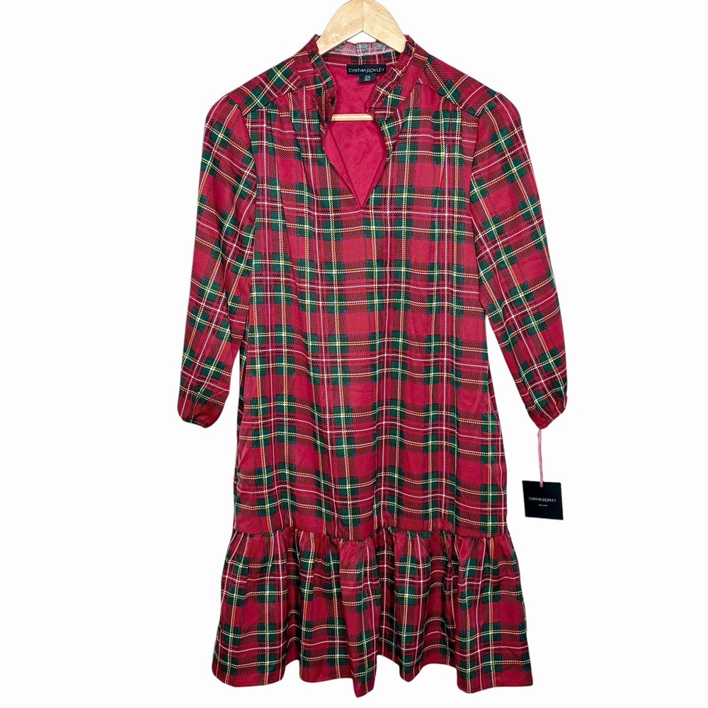 Cynthia Rowley Tartan Plaid Ruffled Dress Red Womens Small Holiday Heritage